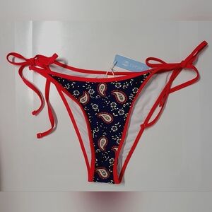 CUPSHE Red & Navy Paisley Print Side Tie Cheeky Bikini Swim Bottom Sz Lrg NWT